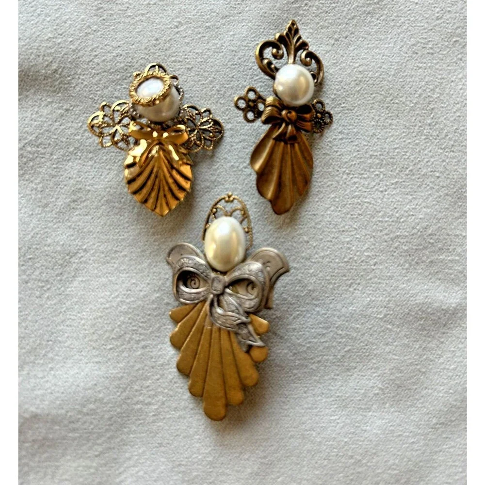 Vintage Gold and Silver Tone Angel Pins Faux Pearl - Lot of 3